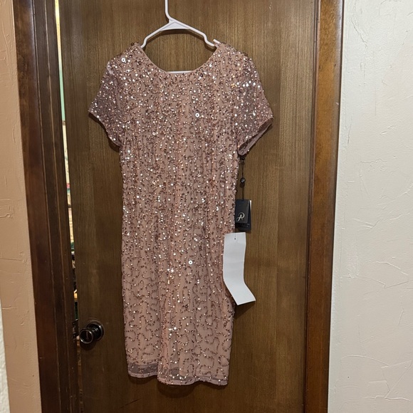 Adrianna Papell Rose Gold Champagne Sequin Mesh Dress - Picture 1 of 12
